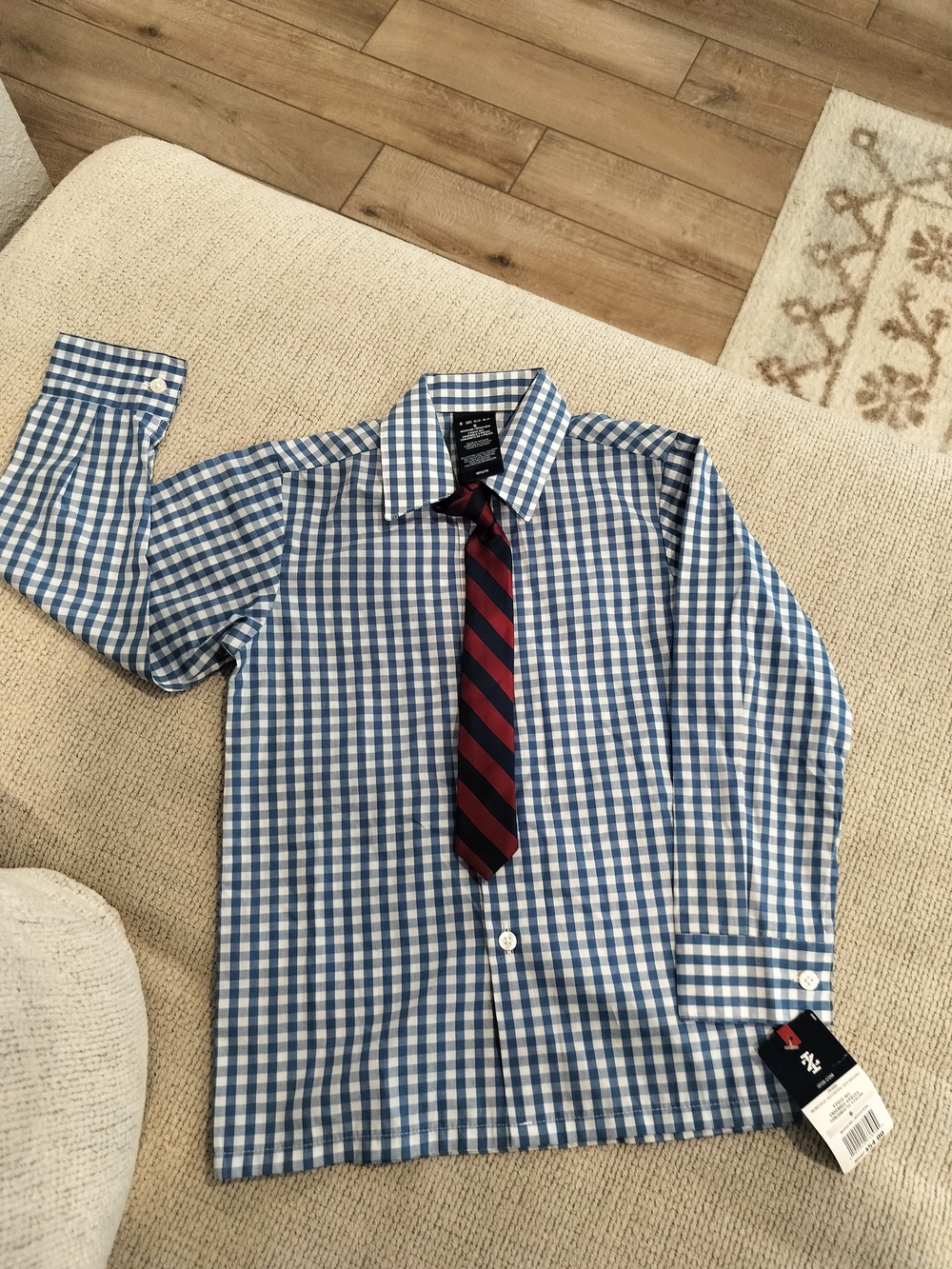 Izod Blue Gingham Button-Down Shirt with Red Stripe Tie